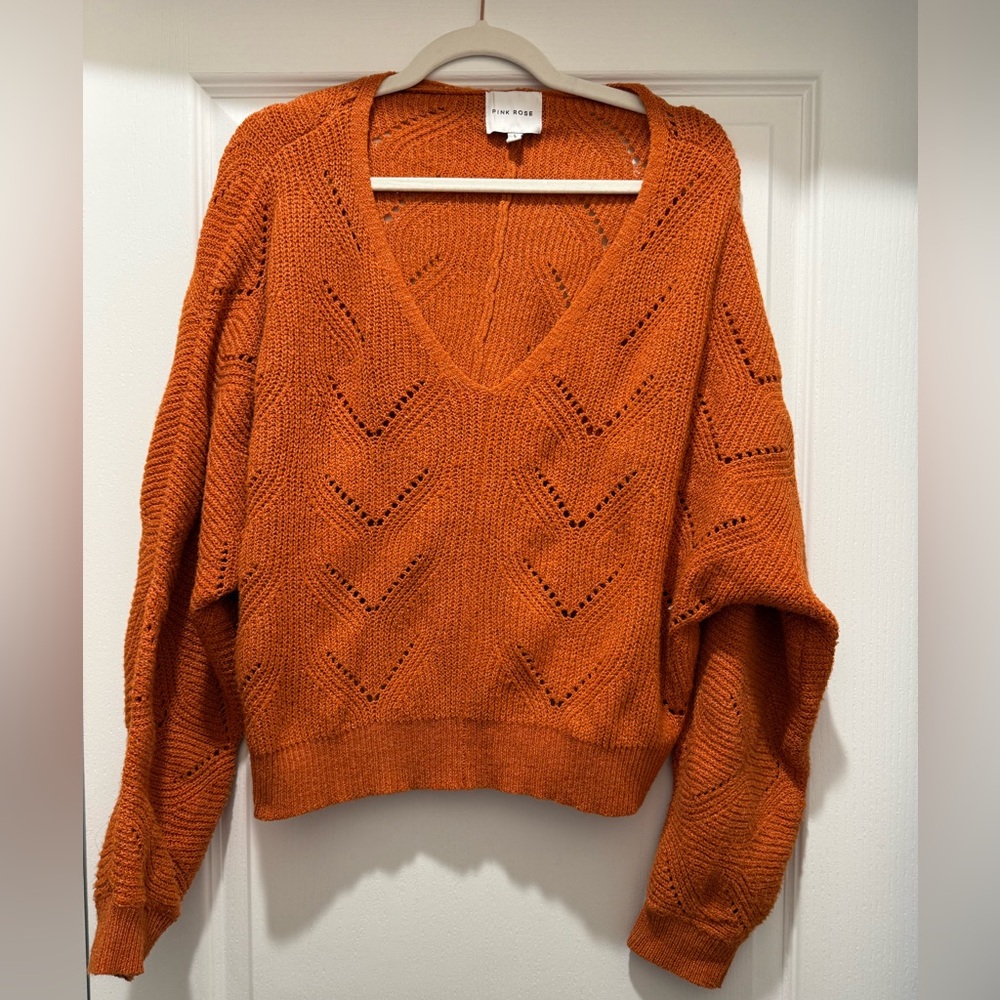 Pink Rose Orange V-Neck Chunky Knit Sweater